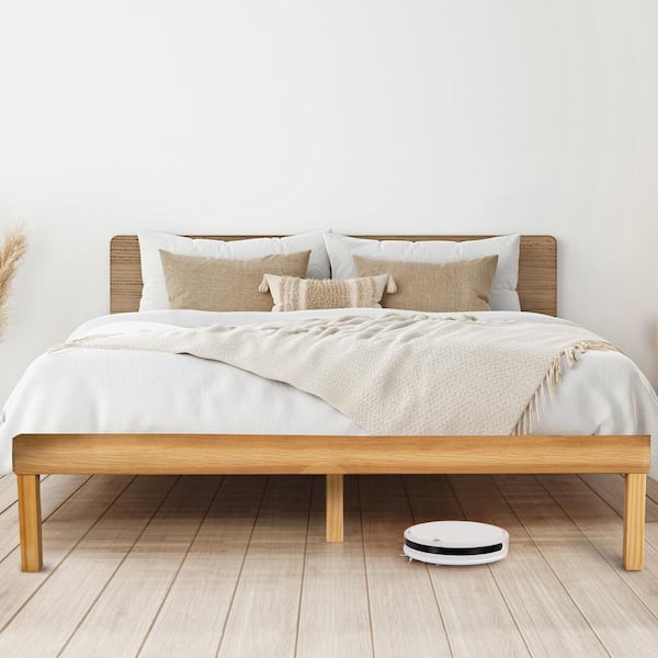 HOMESTOCK 14 in. Natural Brown Solid Wood Frame Full Platform Bed with Wooden Slats and 9.2 in. Under Bed Storage