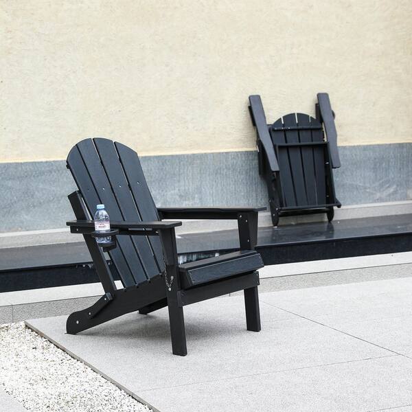 Black Plastic Folding Adirondack Chair with Dual Cup Holder