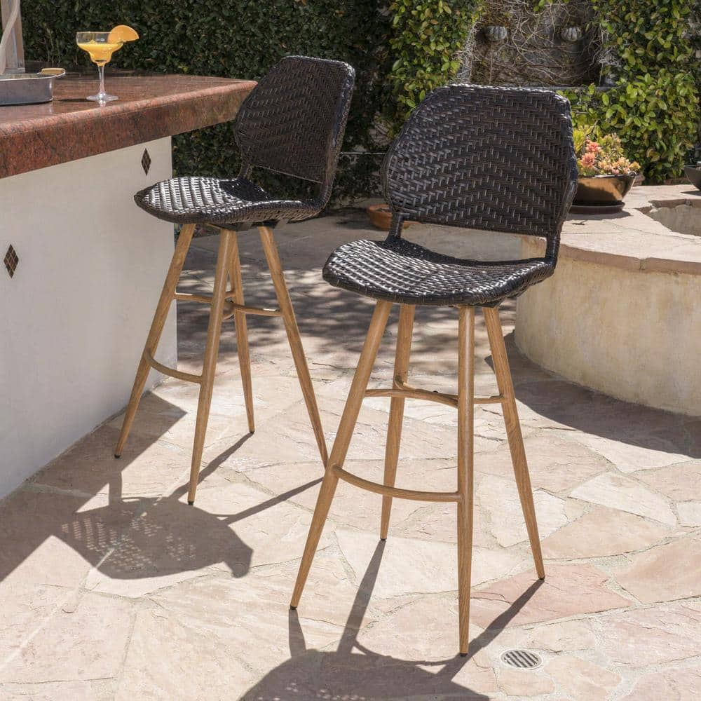 Bianca Faux Rattan Outdoor Patio Bar Stool with Brown Wood Finish Metal Legs (2-Pack) -  Noble House, 41288