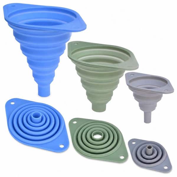 3-Piece Silicone Funnel Set, Foldable Kitchen Funnels for Filling Bottles, Gray Green Blue