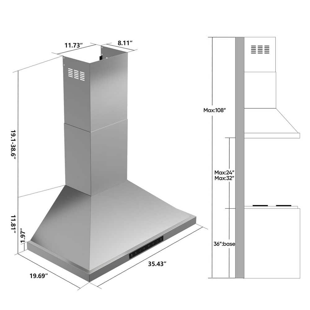36'' Stainless Steel Convertible Wall Mount Range Hood with Charcoal Filter