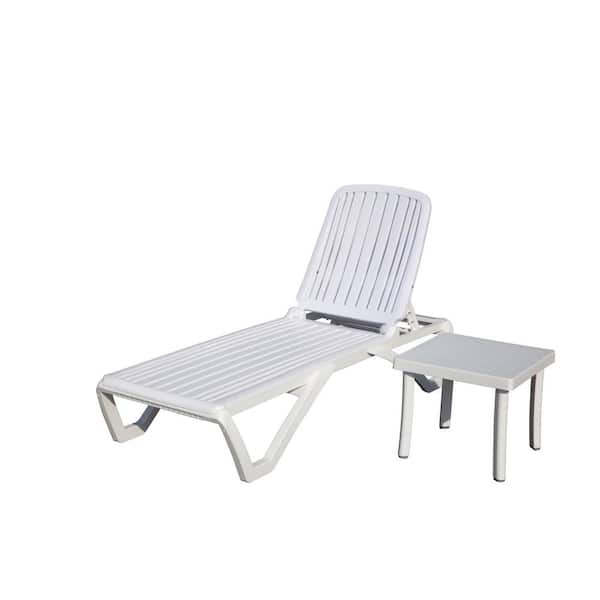 Tatayosi Outdoor Chaise Lounge, Pool Lounge Chair Adjustable Recliner with Table for Pool, Beach, Poolside, Lawn, White