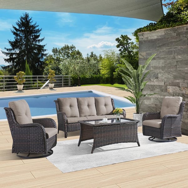 Gymojoy Carolina Brown 4-Piece Wicker Patio Conversation Set with Gray Cushions