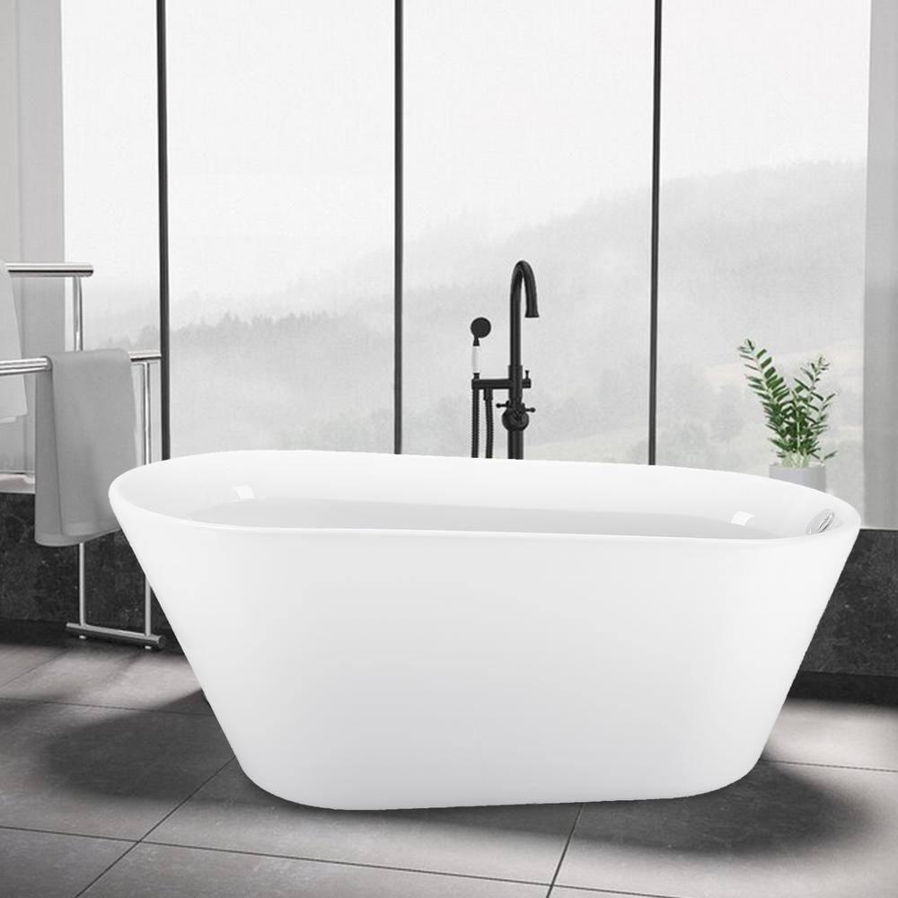 ANGELES HOME 61 in. Acrylic Oval Flatbottom Freestanding Soaking Bathtub in Glossy White Overflow and Pop-Up Drain -  M8EW-BT6121A