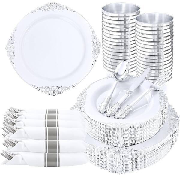350-Piece White Silver Disposable Dinnerware Set with 100 Plates, 50 Silverware Set, 50 Cups, 50 Napkins for Wedding