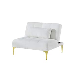 Convertible White Teddy Fabric Sofa Futon Side Chair with Gold Metal Legs