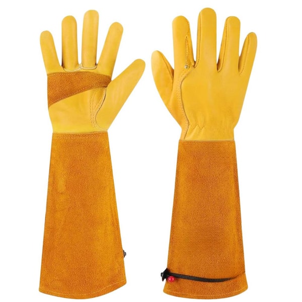 17 in. Heavy Duty Gauntlet Leather Large Gardening Gloves, Thorn Proof, Durable Thick Cowhide for Wear Resisting, Yellow