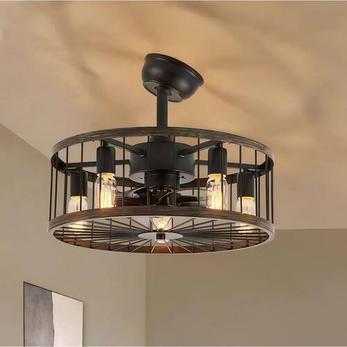 20 in. Indoor Black Modern Farmhouse Ceiling Fan with Light, Drum Cage Ceiling Fan with Remote for Bedroom Lighting