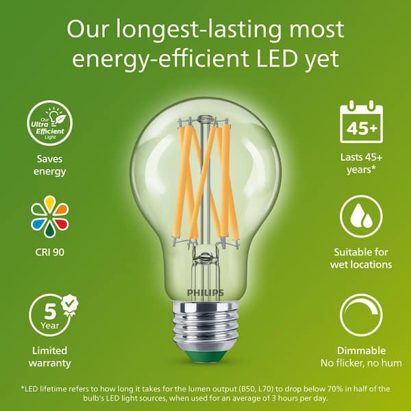 100-Watt Equivalent A19 Ultra Efficient Clear LED Light Bulb 2700K 2-Pack