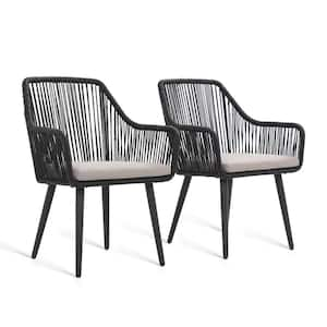 Wicker Black Outdoor Dining Chairs, Light Grey Cushions (Set of 2)