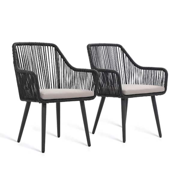 Freestyle Wicker Black Outdoor Dining Chairs, Light Grey Cushions (Set of 2)