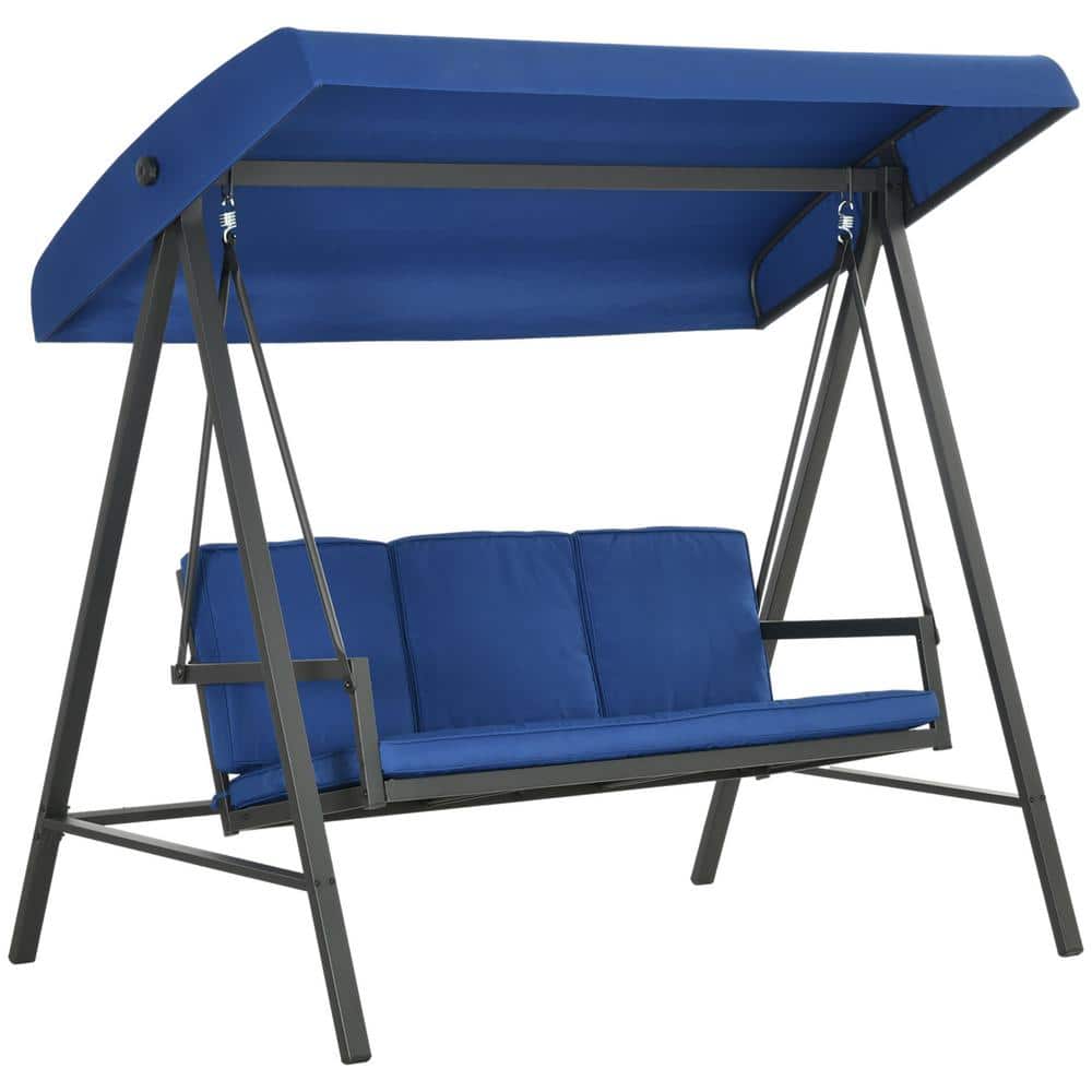 50 in. 3-Person Blue Metal Patio Swing with Adjustable Canopy, Removable Cu