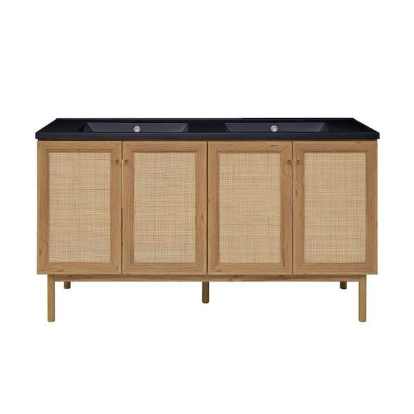 Swiss Madison Classes 60 in. W Brown Oak, Double Basin Bathroom Vanity with Black Artificial Stone Sink Top