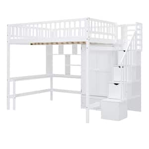 Full Size Loft Bed with Bookshelf, Drawers, Desk, and Wardrobe-White