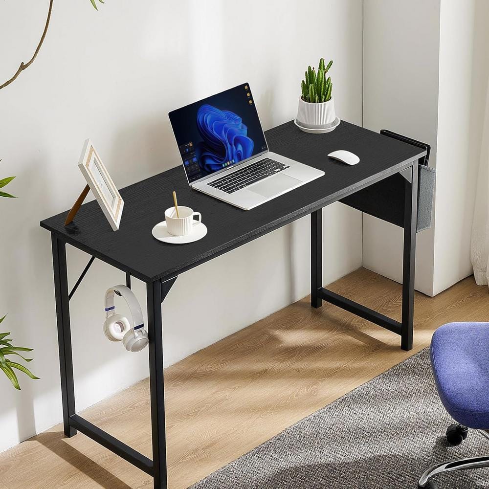 Yangming Classic 47 in. Rectangular Black Computer Desk Home Office Writing Desk with Storage Bag Hook HD ES01 PB BK The Home Depot