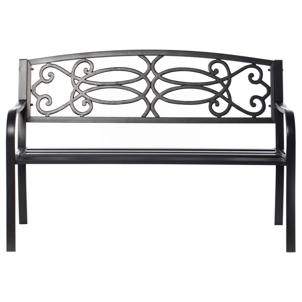 Gardenised Steel Outdoor Patio Garden Park Seating Bench with Cast Iron Scrollwork Backrest, Front Porch Yard Bench Lawn Decor