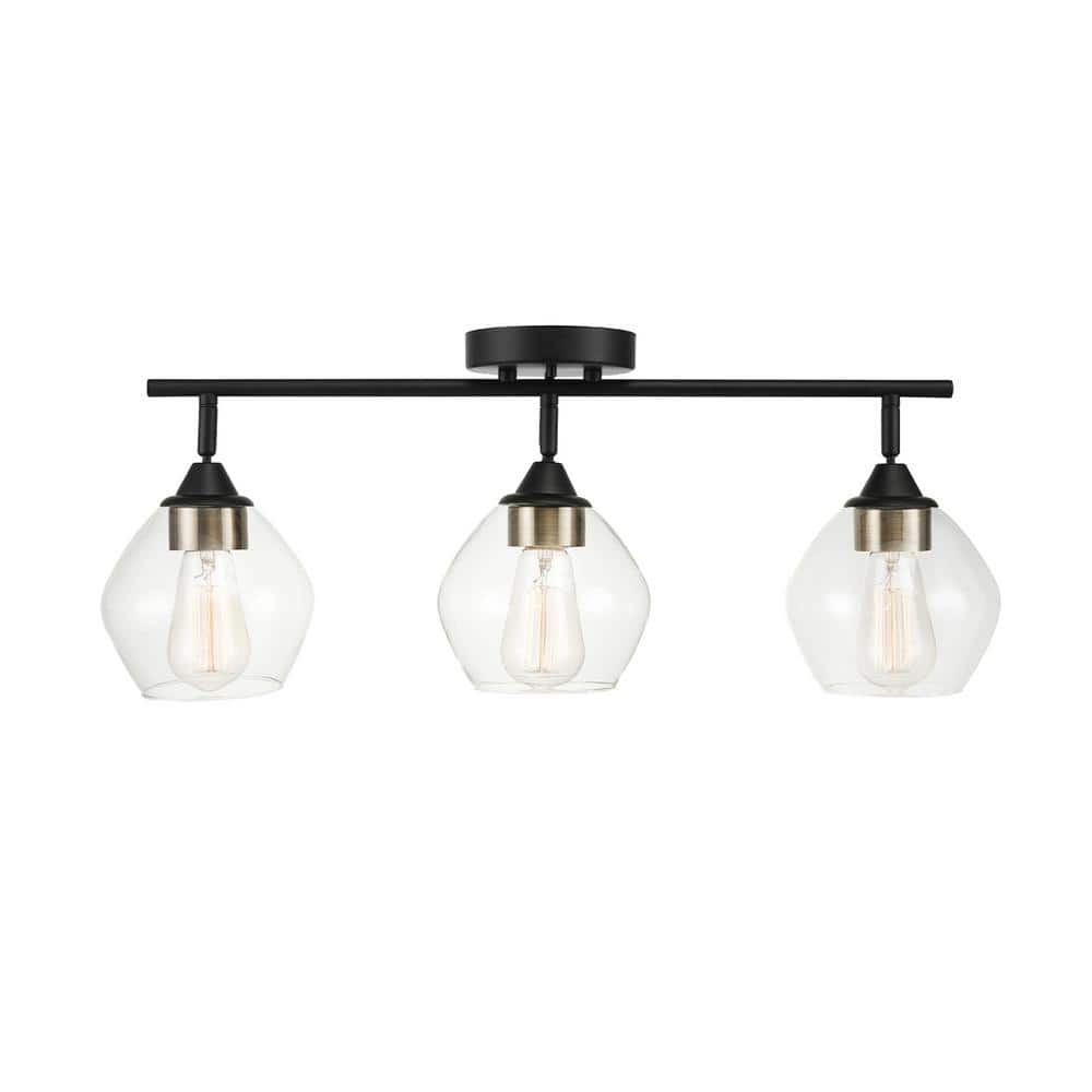 Harrow 3-Light Matte Black Track Lighting with Antique Brass Accents and Clear Glass Shades