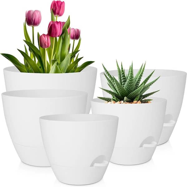 ITOPFOX Modern 6 in. L x 10 in. W x 8 in. H Pure White Plastic Round Indoor Planter (5-Pack)
