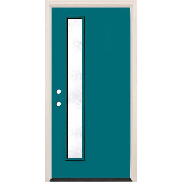 Builders Choice 36 in. x 80 in. Right-Hand/Inswing 1-Lite Rain Glass Reef Painted Fiberglass Prehung Front Door w/4-9/16 in. Frame