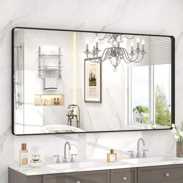 55 in. W x 30 in. H Rectangular Framed French Cleat Wall Mounted Tempered Glass Bathroom Vanity Mirror in Matte Black