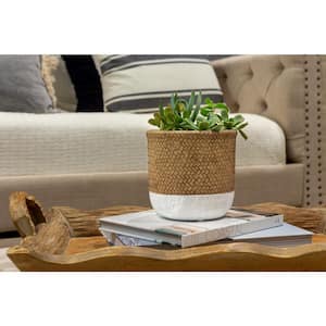 6 in. Bronwyn Small White & Natural Reed Cement Round Planter (6 in. D x 5.6 in. H) with Drainage Hole