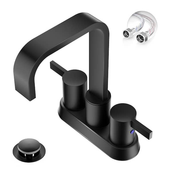 Waterfall Bathroom Sink Faucet, Matte Black 4 in. 2 Handles 2 or 3 Hole Centerset Modern Bathroom Faucet