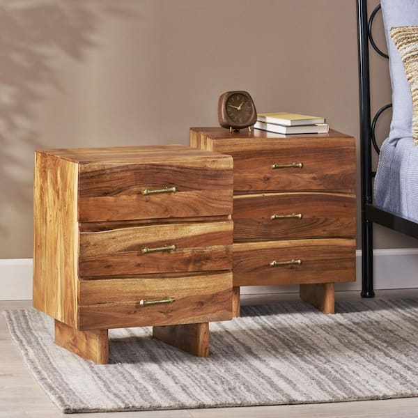 Noble House Paulding 3-Drawer Dark Natural Nightstand (Set of 2)