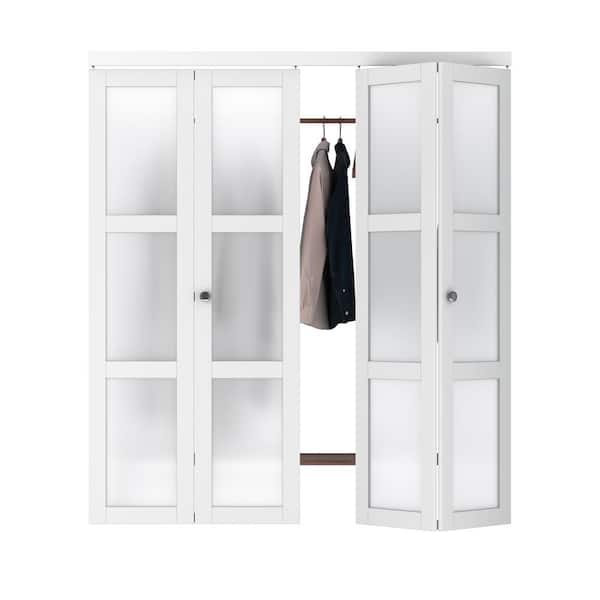 ARK DESIGN 72 in. x 80.5 in. 3-Lite Frosting Glass MDF White Finished Closet Bifold Door with Hardware