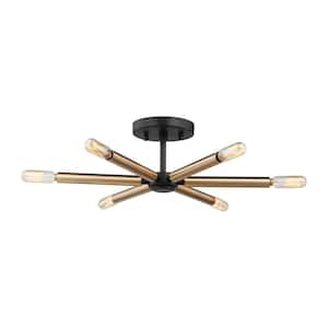 Mac 22 in. 6-Light Black and Satin Brass Modern Mid-Century Dimmable Indoor/Outdoor Semi-Flush Mount Ceiling Light
