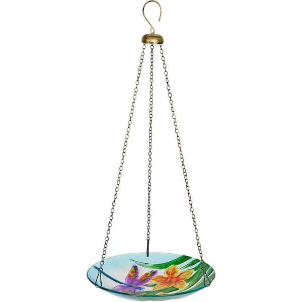 23 in. H x 10 in. Dia Multi-Color Glass Birdbath with Chain