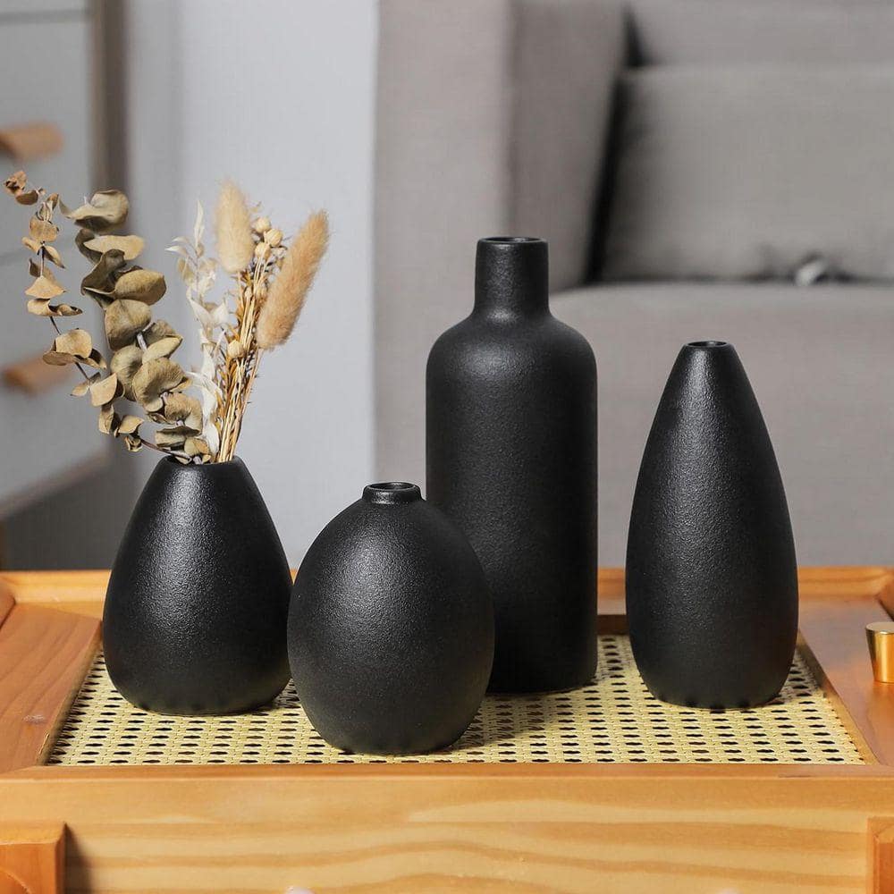 7.67 in. H Cylinder Black Ceramic Decorative Vase Set-4 Small
