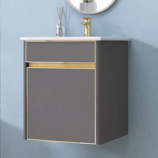 Getpro 17 in. W x 17 in. D x 19 in. H Floating Bath Vanity in Gray Small Bathroom Vanity w/ Glossy White Ceramic Top and Basin