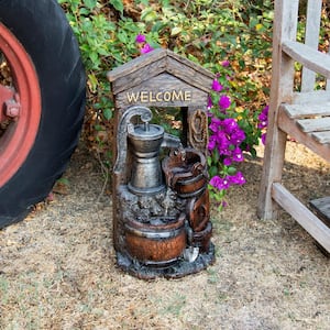 24 in. Tall Vintage Water Pump with Welcome Sign and Barrels Fountain Yard Art Decor, Multicolor