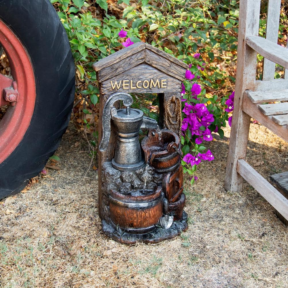 24" Rustic Brown Polyresin Barrel Fountain with Welcome Sign