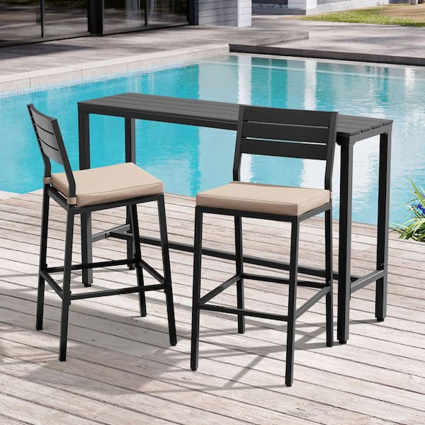3-Piece Metal Outdoor Bistro Set Bar Set 55.12 in. L Bar Table and 2 Stools with Removable Cushions in Beige for Patio