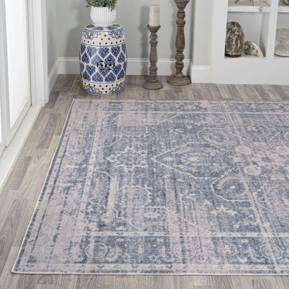 Blue and Light Gray Medallion Washable Synthetic 4' x 6' Rug