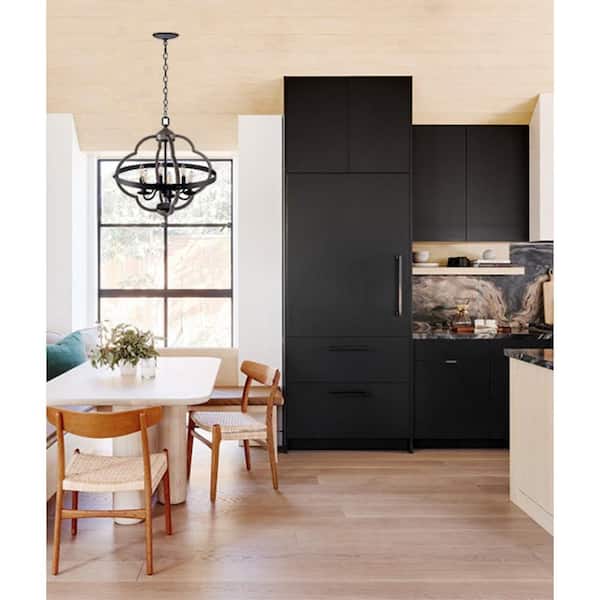 6-Light Indoor Chandelier with Black and Wood Finish and Steel Cage Shade