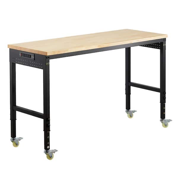 Adjustable Workbench, 2000 lbs. Load, 60 in. Depth. 22 in. Width, Heavy Duty Oak Wood Top Work Table with Power Outlet
