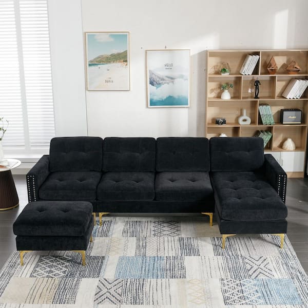 110.6 in. Velvet L-Shape Convertible Sectional Sofa in Black with Movable Ottoman