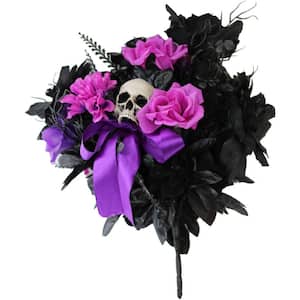 15 in. Halloween Bouquet Decoration Piece with Black and Pink Flowers and Skull