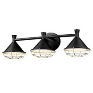 23 in. 3-Light Black Finish LED Dimmable Industrial Vanity Light with Metal Shade