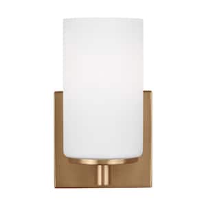 Hettinger 4 in. 1-Light Satin Brass Transitional Contemporary Wall Sconce Bathroom Vanity Light with White Glass Shade