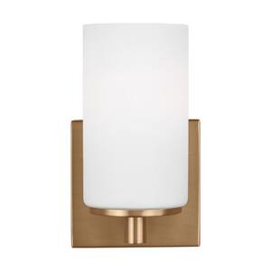 Hettinger 1-Light Transitional Contemporary Satin Brass Wall Sconce with Etched White Glass Shade and LED Bulb