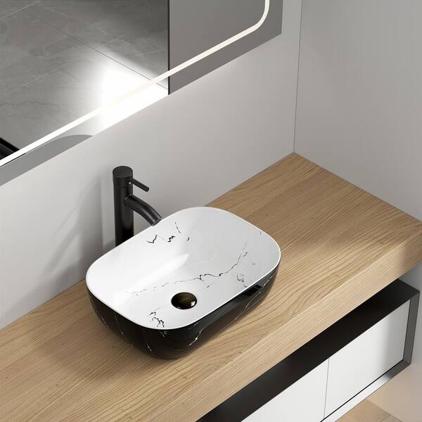 Puluomis Black and White Hand-Painted Rectangular Ceramic Basin with Faucet Pop Up Drain Set