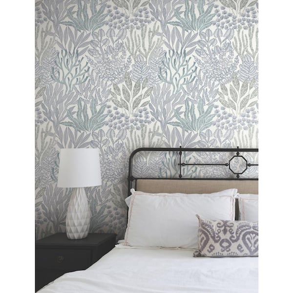 Coral Leaves Blue and Aqua Wallpaper Roll