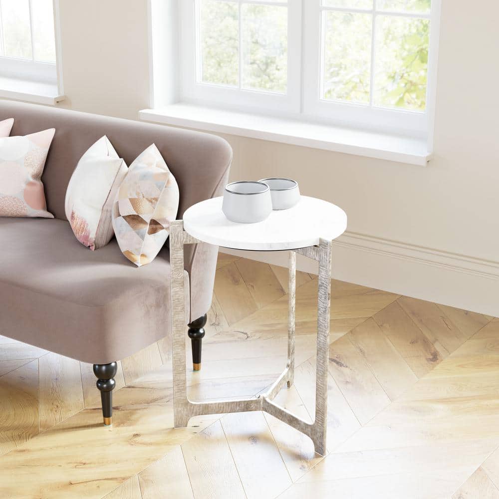 White Marble Top Round Side Table with Silver Cast Aluminum Base