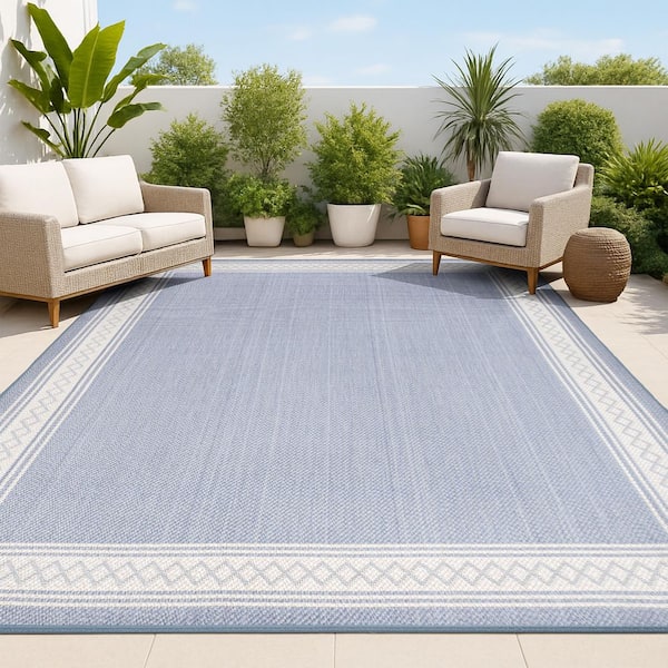 Lucia Classic Diamond Border Blue/Cream 8 ft. x 10 ft. Indoor/Outdoor Area Rug