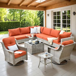 Holston 10-Piece Wicker Modern Outdoor Patio Conversation Sofa Sectional Set with Swivel Chairs and Orange Red Cushions