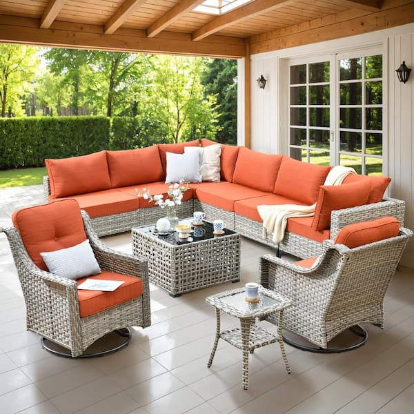 HOOOWOOO Holston 10-Piece Wicker Modern Outdoor Patio Conversation Sofa Sectional Set with Swivel Chairs and Orange Red Cushions