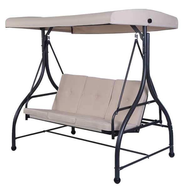 Costway 3-Person Steel Outdoor Metal Patio Swing Canopy Hammock with Beige Cushions